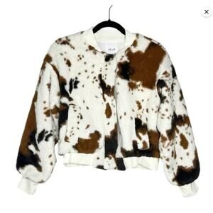 Cow Print Faux Fur Zip Up Jacket - Leith Large